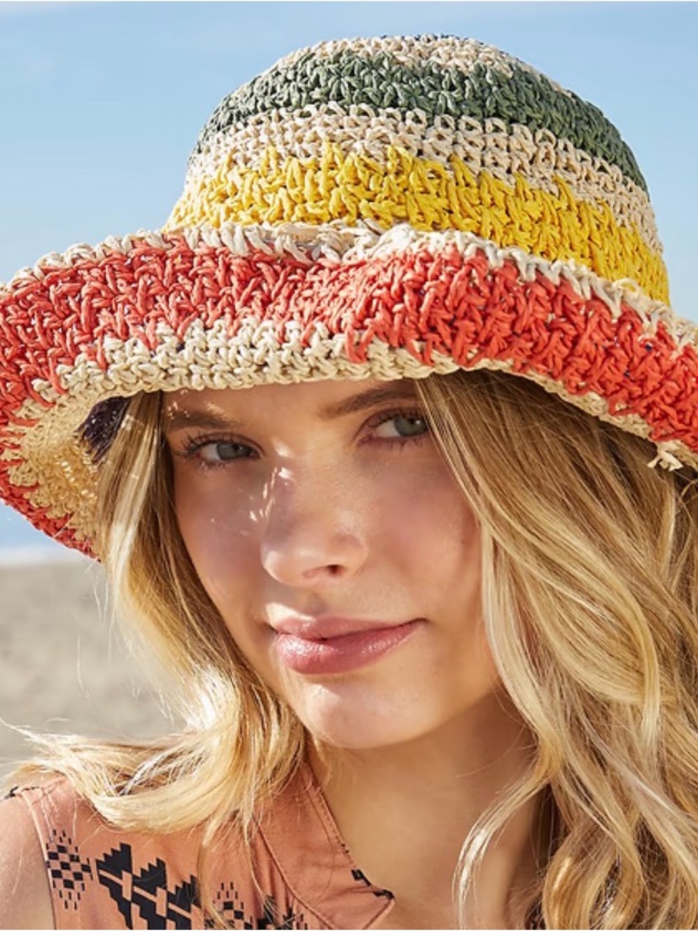 Cupshe Striped Crochet Bucket Hat in Coral, Yellow & Green